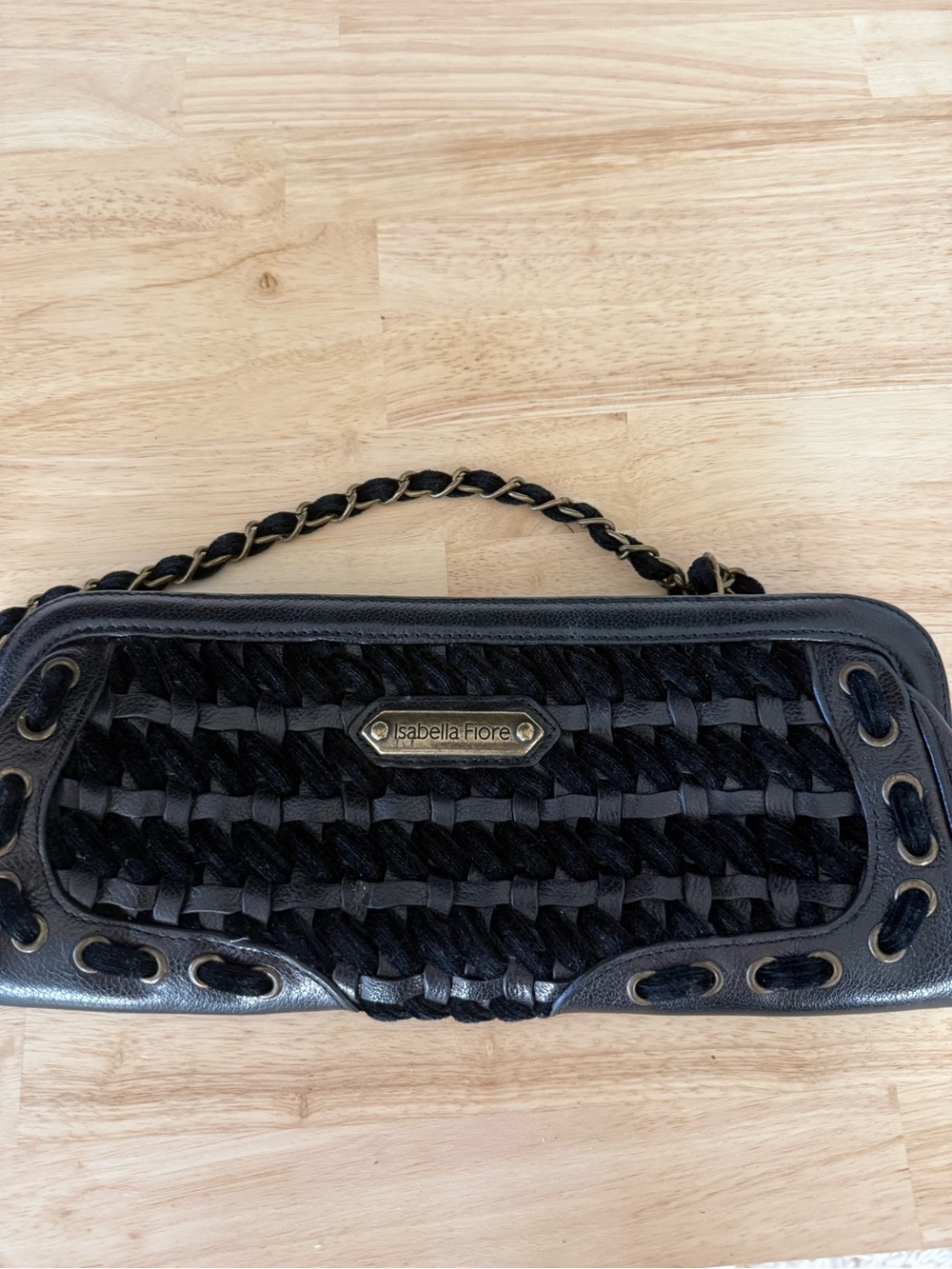 Isabella Fiore Black Woven Leather Wristlet with Chain